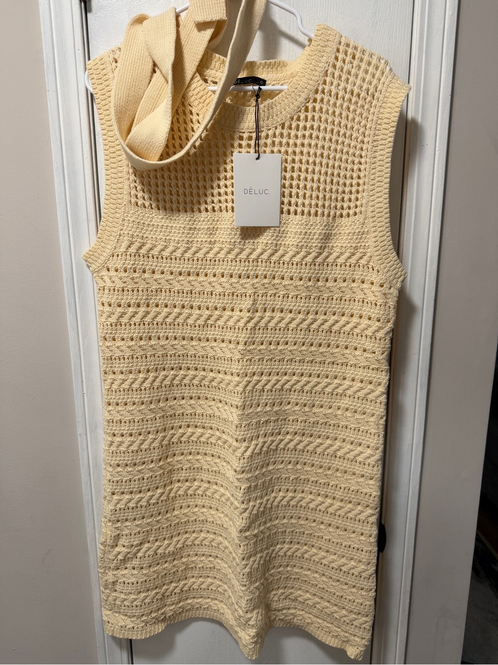 Deluc Cream Crochet Knit Mini Dress NWT large w belt